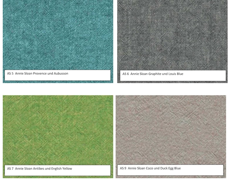 Puede incluir: Cuatro muestras de tela en tonos turquesa, gris, verde y topo. Cada muestra tiene una etiqueta con texto que incluye "Annie Sloan" y nombres de colores. Las telas tienen una apariencia texturizada, lo que sugiere tapicer&iacute;a o uso decorativo.