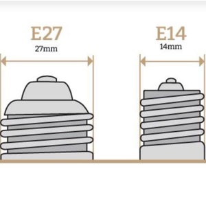以下が含まれることがあります： 2つの電球ベース、E27とE14の図。E27ベースは27mm幅、E14ベースは14mm幅。どちらのベースも銀色で、ねじ込み式です。