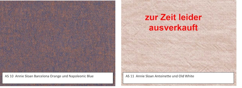 Puede incluir: Dos muestras de tela. La muestra de la izquierda es texturizada, marr&oacute;n oscuro y azul. La muestra de la derecha es de color beige claro con el texto "zur Zeit leider ausverkauft" en rojo. Debajo de las muestras hay etiquetas con texto.
