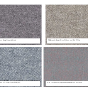 Puede incluir: Cuatro muestras de tela en varios colores. La muestra superior izquierda es gris con el texto "AS 1 Annie Sloan Graphite und Emile". La muestra superior derecha es beige con el texto "AS 2 Annie Sloan French Linen und Old White". La muestra inferior izquierda es azul con el texto "AS 3 Annie Sloan Old Violet und Old White". La muestra inferior derecha es rosa con el texto "AS 4 Annie Sloan Scandinavian Pink und Provence".