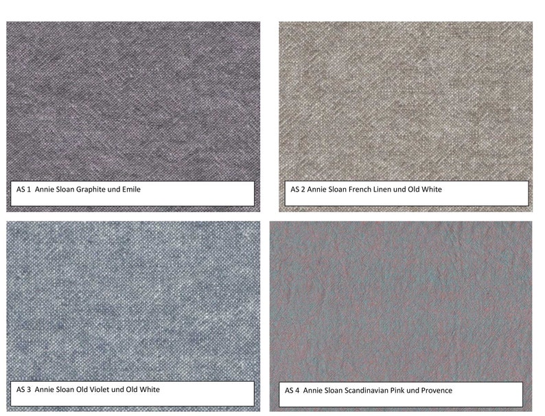 Puede incluir: Cuatro muestras de tela en varios colores. La muestra superior izquierda es gris con el texto "AS 1 Annie Sloan Graphite und Emile". La muestra superior derecha es beige con el texto "AS 2 Annie Sloan French Linen und Old White". La muestra inferior izquierda es azul con el texto "AS 3 Annie Sloan Old Violet und Old White". La muestra inferior derecha es rosa con el texto "AS 4 Annie Sloan Scandinavian Pink und Provence".