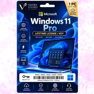 Peut inclure: Une carte produit rectangulaire pour une licence à vie Microsoft Windows 11 Pro. Le design bleu présente un ordinateur portable affichant l'interface Windows, des icônes pour l'activation à vie, la livraison instantanée et un code-barres.