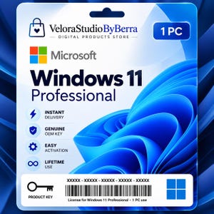 May include: A digital product card for Microsoft Windows 11 Professional from VeloraStudioByBerra. The white card features the Microsoft logo, blue abstract graphics, and text including Instant Delivery, Genuine OEM Key, Easy Activation, and Lifetime Use.