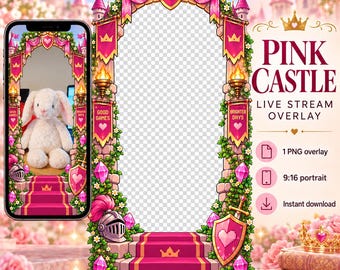 May include: A digital live stream overlay featuring a pink castle archway with stone pillars, green vines, pink flowers, and a red carpeted staircase. The design includes gold shields with hearts, knight helmets, and banners labeled Good Games and Brighter Days.