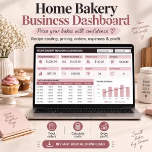 Hoja de cálculo para negocios de panadería casera / Seguimiento de pedidos, cálculo de costes de recetas, precios y panel de control de beneficios