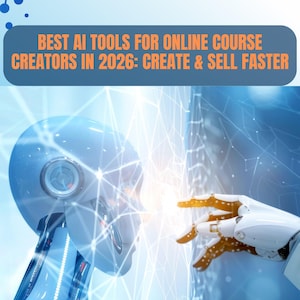 Peut inclure: Une couverture de livre numérique intitulée BEST AI TOOLS FOR ONLINE COURSE CREATORS IN 2026: CREATE & SELL FASTER par Author: Nexus Digital Publishing. Elle montre une tête robotique bleue et une main robotique blanche touchant un réseau lumineux.