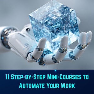 May include: A robotic hand holds a glowing, translucent blue cube with intricate circuit patterns. Text reads: THE COMPLETE CLAUDE MASTERCLASS: 11 STEP-BY-STEP MINI-COURSES TO AUTOMATE YOUR WORK. AUTHOR: NEXUS DIGITAL PUBLISHING. The background is a dark blue gradient.