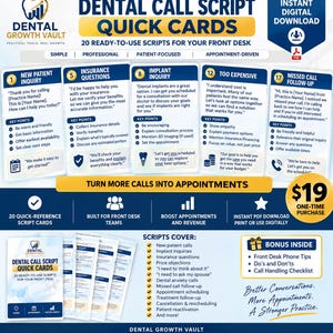 Könnte beinhalten: Ein digitaler Download-Satz mit 20 Zahnarzt-Anrufskript-Karten für Empfangsteams. Die Karten enthalten professionelle Skripte für Neupatientenanfragen, Versicherungsfragen, Implantatanfragen, Kosten-Einwände und Anrufe bei verpassten Terminen.