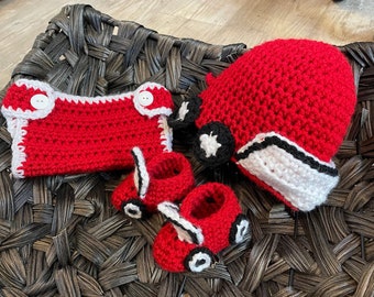 Red car winter hat beanie slip on shoes and diaper cover costume