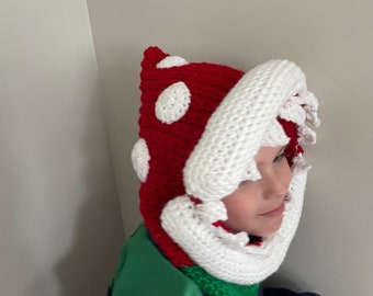 Crochet Piranha Plant Hood – Handmade Winter Costume Hat