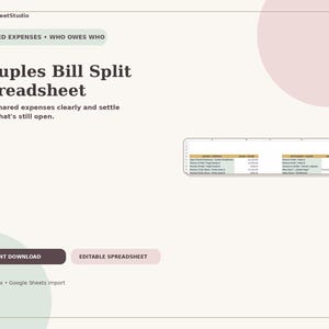 Pode incluir: Um modelo de planilha digital intitulado Couples Bill Split Spreadsheet com o texto ReadySheetStudio, Shared Expenses, Who Owes Who, Split shared expenses clearly and settle only what's still open, Instant Download, Editable Spreadsheet e Excel .xlsx Google Sheets import.