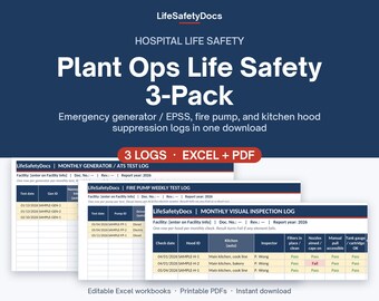 Generator, Fire Pump & Kitchen Hood Test Log Bundle | Hospital Plant Ops Emergency Power, NFPA 25 and NFPA 96 Templates | Excel + PDF