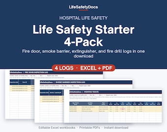 Fire Door Inspection Log Bundle | Smoke Barrier, Fire Extinguisher & Fire Drill Logs | Hospital Life Safety Binder | Excel + PDF