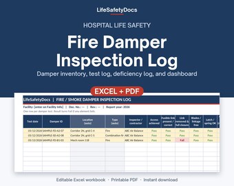 Fire Damper Inspection Log | Hospital Fire & Smoke Damper Inventory, Inspection, Deficiency Tracker | Excel + PDF