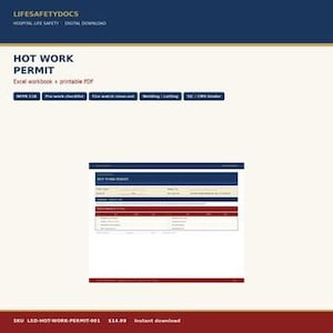 May include: A digital Hot Work Permit document template featuring a dark blue header, a beige form section, and a deep red table area. The text includes "LIFESAFETYDOCS," "HOT WORK PERMIT," "Excel workbook + printable PDF," and "NFPA 51B."