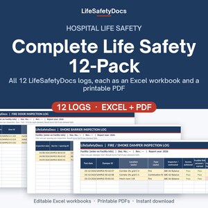Hospital Life Safety Binder Logs 12-Pack | Fire Door, Smoke Barrier, Damper, Extinguisher, ILSM, Generator & More | Excel + PDF