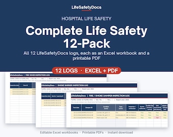Hospital Life Safety Binder Logs 12-Pack | Fire Door, Smoke Barrier, Damper, Extinguisher, ILSM, Generator & More | Excel + PDF