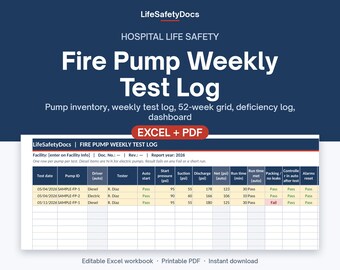 Fire Pump Weekly Test Log | No-Flow Churn Test Record for NFPA 25 | Hospital Plant Operations Template | Excel + PDF