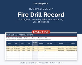 Fire Drill Record | Hospital Fire Drill Log by Shift & Quarter with Critique | Life Safety Binder Template | Excel + PDF