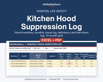 Kitchen Hood Suppression Inspection Log | Monthly Visual Check | Hospital Dietary, NFPA 96 & 17A Binder Template | Excel + PDF