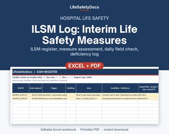 ILSM Log | Interim Life Safety Measures Assessment & Daily Check Template | Hospital Construction and Impairments | Excel + PDF