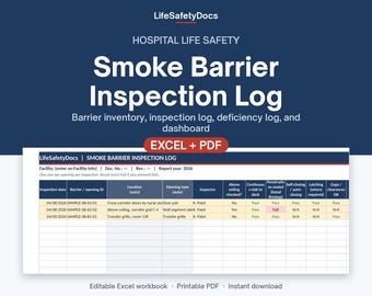 Smoke Barrier Inspection Log | Hospital Smoke Compartment Door, Seal & Penetration Checklist | Life Safety Template | Excel + PDF