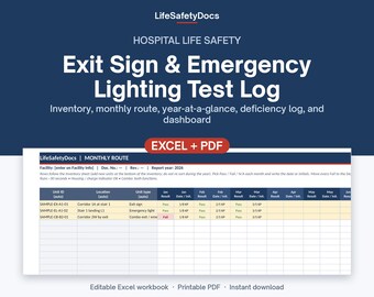 Exit Sign & Emergency Lighting Test Log | Monthly 30-Second and Annual 90-Minute Test Record | Hospital Template | Excel + PDF