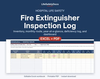 Fire Extinguisher Monthly Inspection Log | Hospital Extinguisher Inventory, Tag & Hydro Date Tracker | NFPA 10 | Excel + PDF