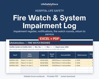 Fire Watch Log & Fire System Impairment Record | Hospital Sprinkler, Fire Alarm, Fire Pump Out of Service Template | Excel + PDF