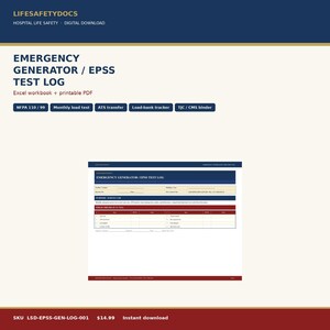 May include: An Emergency Generator / EPSS Test Log digital document featuring an Excel workbook and printable PDF. The form includes sections for facility, building, date, and field checks for NFPA 110/99 compliance, monthly load tests, and ATS transfers.