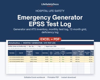 Emergency Generator Test Log | Monthly EPSS Load Test & Transfer Switch Record | Hospital NFPA 110 Binder Template | Excel + PDF