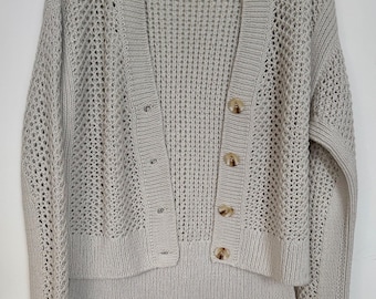 Hand Knit by Me Openwork Mesh Cardigan,  Oversized Loose Cropped Cardigan, Breathable Artisan Knitwear Cotton V neck S-M Warm Light Beige