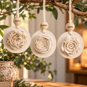 May include: Three circular off-white ornaments hanging from a branch. Each features a textured floral relief in the center, a wooden bead printed with the words FAITH, BLESSED, or HOPE, and a white cord for hanging.