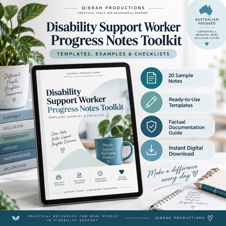 May include: A digital tablet displays the Disability Support Worker Progress Notes Toolkit, featuring templates, examples, and checklists. The screen shows the title, a blue mug with text, and icons for practical templates, real-world examples, compliance confidence, and better outcomes.