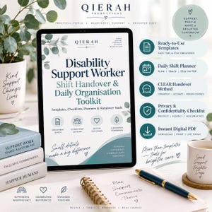 May include: A digital tablet displaying a Disability Support Worker Shift Handover & Daily Organisation Toolkit. The screen features text, icons, and a blue-green color scheme. Beside it are stacked books, a spiral notebook, and a pen.