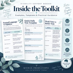May include: A disability support worker toolkit featuring three informational sheets titled Inside the Toolkit, Factual Language vs Opinion, Quick Daily Note Template, and Weak Note vs Better Note, with blue text and leaf accents on a white background.