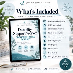 May include: A digital tablet displays the Disability Support Worker Progress Notes Toolkit by Qierah Productions. The screen features teal leaf graphics and a list of included resources like a writing guide, templates, and checklists. A pen lies below.
