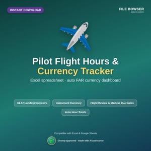 Puede incluir: Una plantilla digital para una hoja de cálculo de Excel de seguimiento de horas de vuelo y moneda de piloto. Incluye un icono de avión azul y blanco, etiquetas de texto para aterrizajes, moneda de instrumentos y fechas de vencimiento médico.
