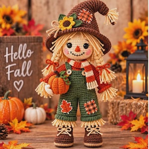 May include: A crocheted scarecrow doll wearing a brown hat with a sunflower, a red and white striped scarf, and green overalls with leaf and plaid patches. The doll has blonde yarn hair in braids, holds a small orange pumpkin, and wears brown boots.