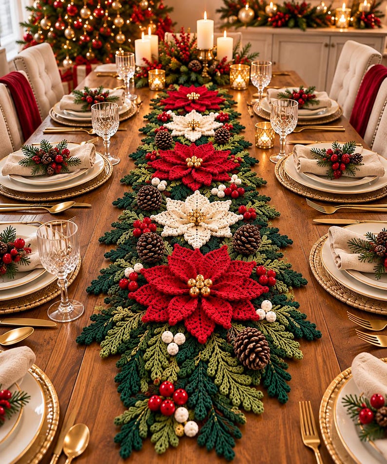 Poinsettia Snowflake Table Runner Crochet Pattern PDF, Christmas Table ...