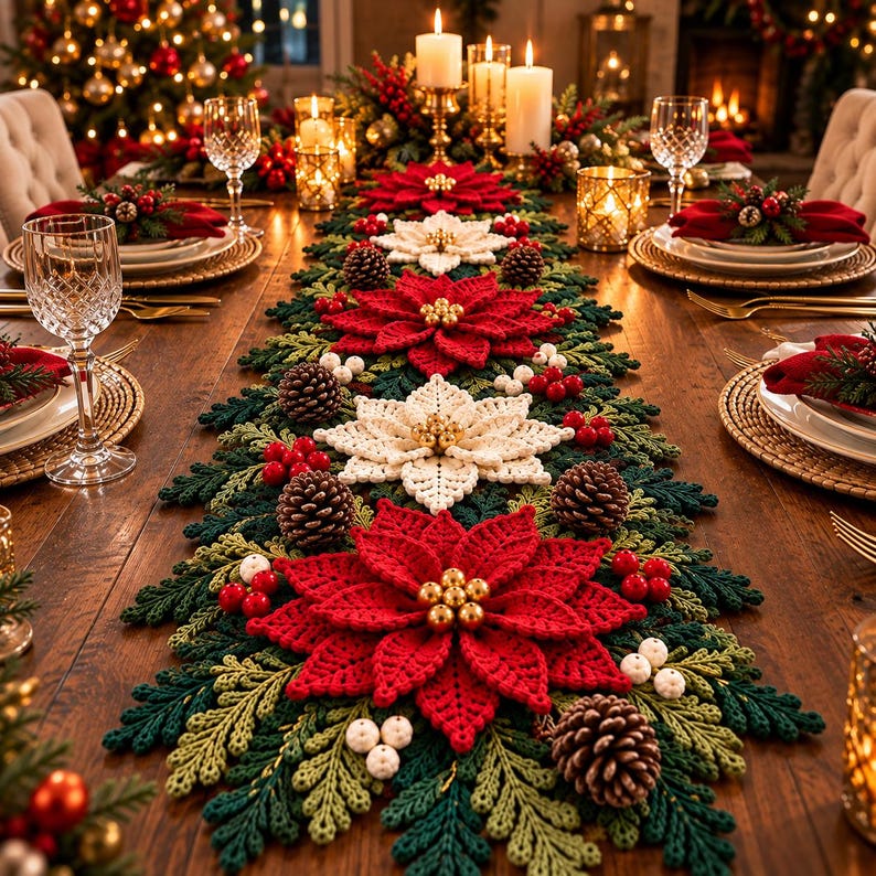 Poinsettia Snowflake Table Runner Crochet Pattern PDF, Christmas Table ...