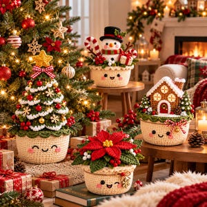 May include: Four crocheted baskets with smiling faces, each containing a different holiday decoration: a green Christmas tree, a snowman with a candy cane, a gingerbread house, and a red poinsettia flower with green leaves and berries.