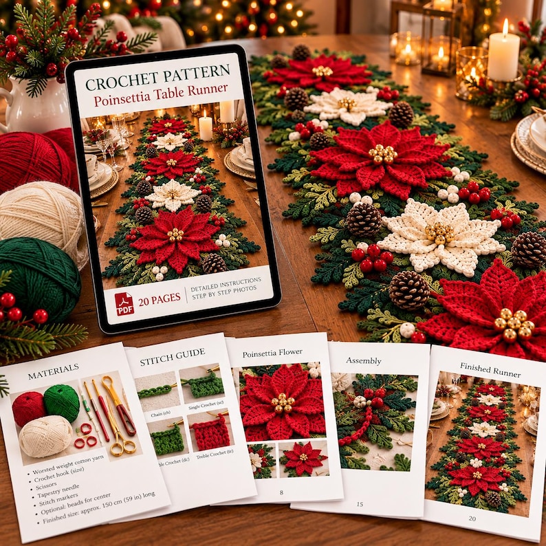 Poinsettia Snowflake Table Runner Crochet Pattern PDF, Christmas Table ...