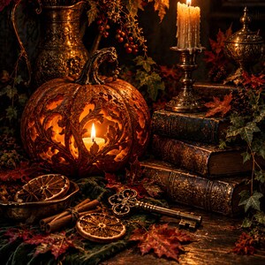 May include: A carved pumpkin with an intricate leaf pattern illuminated from within by a candle, placed beside a stack of three leather-bound books, a metal key, dried orange slices, cinnamon sticks, and a lit candle in a brass holder.