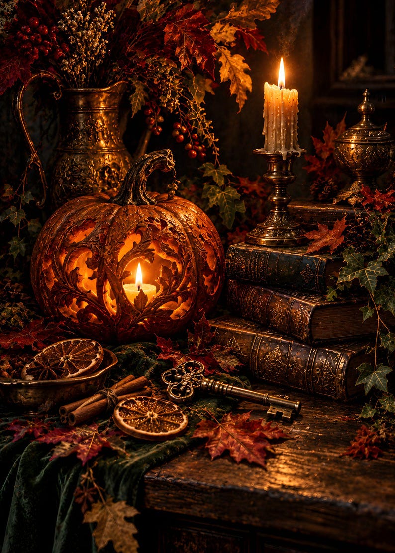 May include: A carved pumpkin with an intricate leaf pattern illuminated from within by a candle, placed beside a stack of three leather-bound books, a metal key, dried orange slices, cinnamon sticks, and a lit candle in a brass holder.