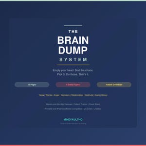 May include: A dark blue digital planner cover titled The Brain Dump System. It features text including Empty your head. Sort the chaos. Pick 3. Do those. That's it. It lists 35 Pages, 8 Dump Types, and Instant Download, plus categories like Tasks, Worries, Anger, Decisions, Relationships, Gratitude, Goals, and Money.