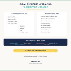 Puede incluir: Un documento de planificador de limpieza digital titulado CLEAN THE HOUSE = PARALYSIS, 10-MIN SPRINT = DOABLE. Enumera 10 listas de verificaci&oacute;n de sprint por habitaci&oacute;n, herramientas adicionales y 6 reglas de limpieza TDAH. 35 p&aacute;ginas, descarga.