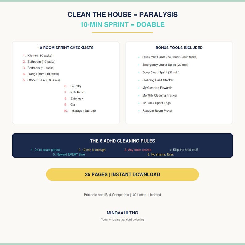 Puede incluir: Un documento de planificador de limpieza digital titulado CLEAN THE HOUSE = PARALYSIS, 10-MIN SPRINT = DOABLE. Enumera 10 listas de verificaci&oacute;n de sprint por habitaci&oacute;n, herramientas adicionales y 6 reglas de limpieza TDAH. 35 p&aacute;ginas, descarga.