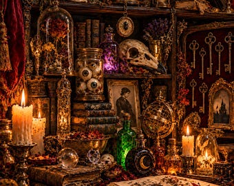 Curiosity Cabinet Art Set of 6 | Gothic Apothecary Prints | Dark Potion Skull Wall Art | Macabre Still Life Decor | Digital Download