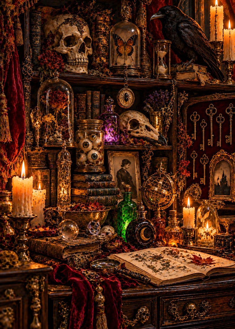 Curiosity Cabinet Art Set of 6 | Gothic Apothecary Prints | Dark Potion Skull Wall Art | Macabre Still Life Decor | Digital Download image 1